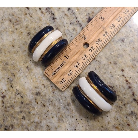 Donald Stannard Black White Gold Large Chunky Enamel Clip Earrings Half Hoop - Picture 12 of 14